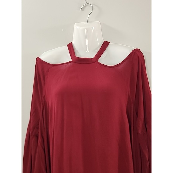 Free People Womens L Burgundy Cold Shoulder Draped Long Sleeve Tunic Mini Dress - Picture 2 of 9